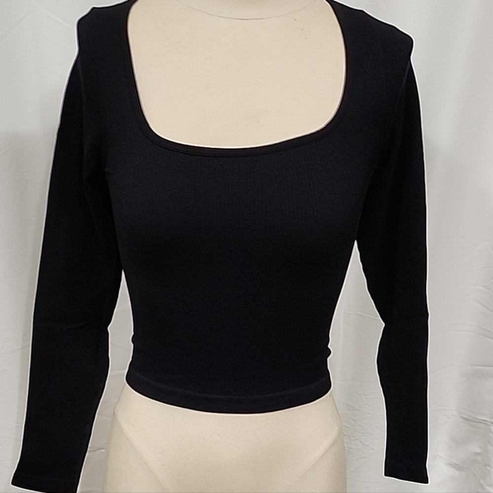 2- Elegant Black & Beige Square Neck Crop Tops Size Small